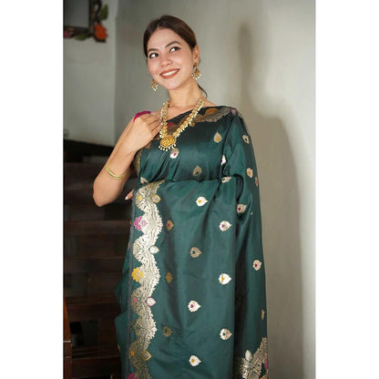 Isadora Life Green Woven Pre-Draped Saree with Unstitched Blouse