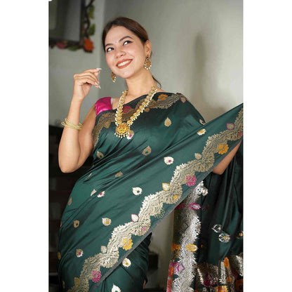 Isadora Life Green Woven Pre-Draped Saree with Unstitched Blouse