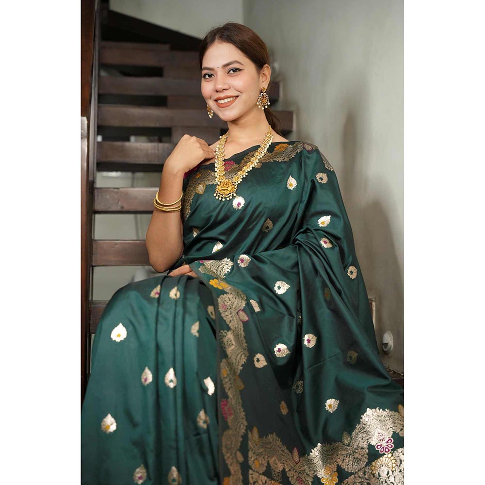 Isadora Life Green Woven Pre-Draped Saree with Unstitched Blouse