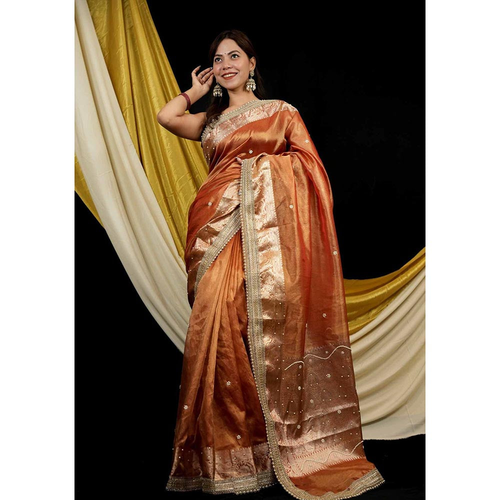 Isadora Life Orange Embroidered Pre-Draped Saree with Unstitched Blouse