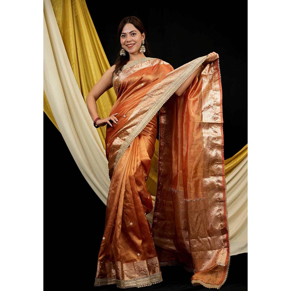 Isadora Life Orange Embroidered Pre-Draped Saree with Unstitched Blouse