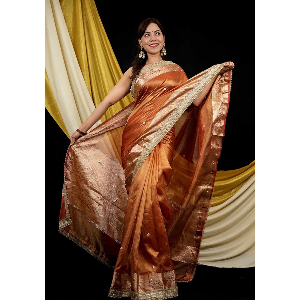 Isadora Life Orange Embroidered Pre-Draped Saree with Unstitched Blouse