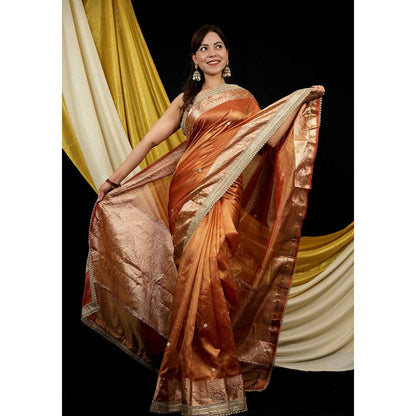 Isadora Life Orange Embroidered Pre-Draped Saree with Unstitched Blouse