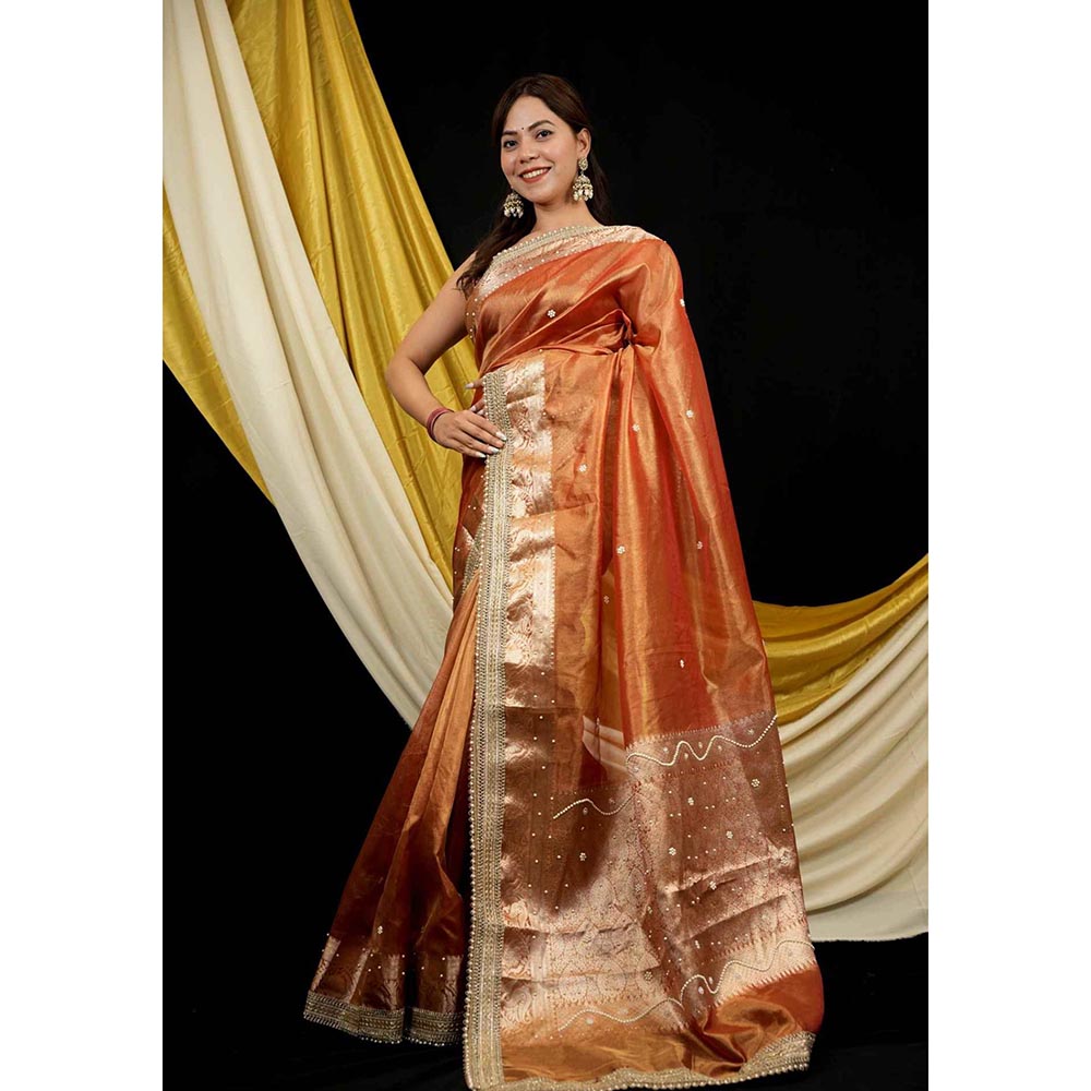 Isadora Life Orange Embroidered Pre-Draped Saree with Unstitched Blouse