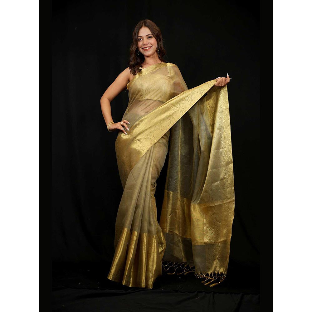 Isadora Life Gold Woven Pre-Draped Saree with Unstitched Blouse