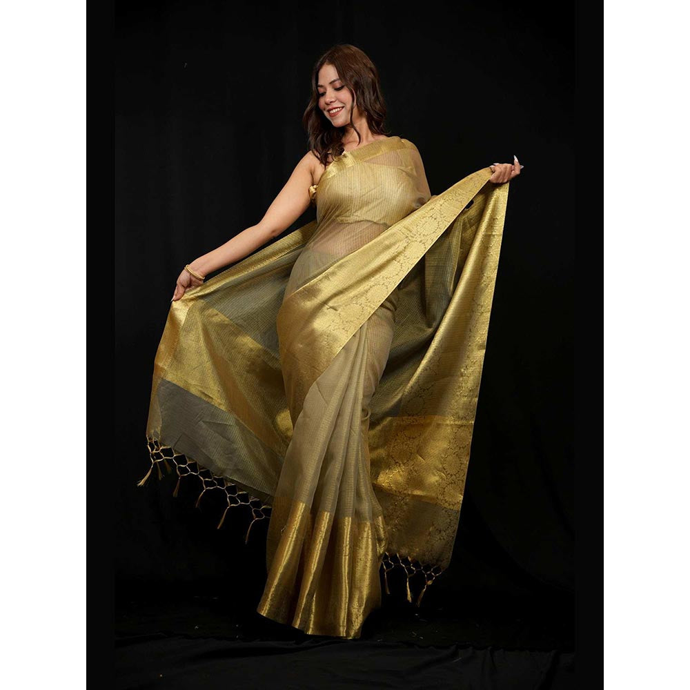 Isadora Life Gold Woven Pre-Draped Saree with Unstitched Blouse