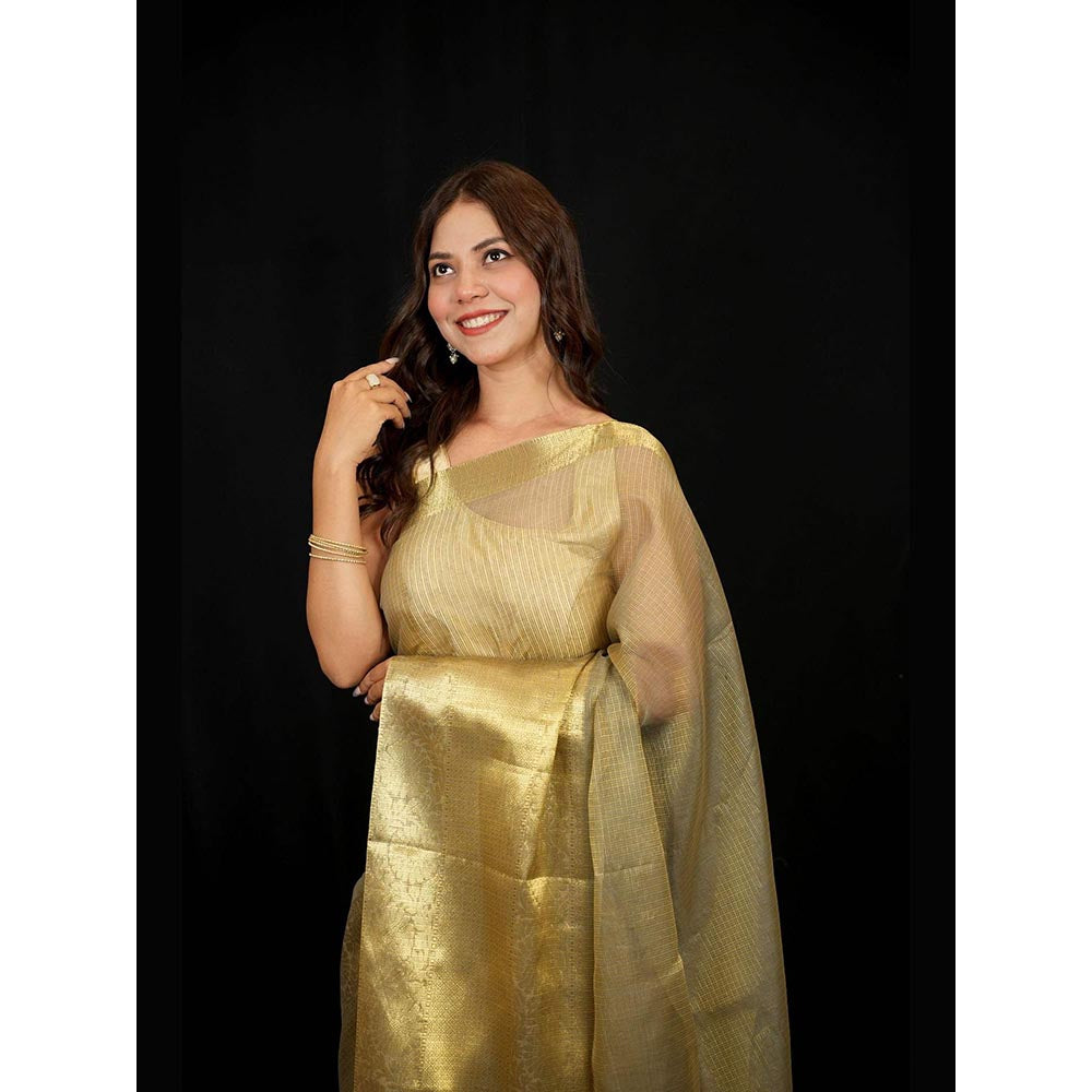 Isadora Life Gold Woven Pre-Draped Saree with Unstitched Blouse