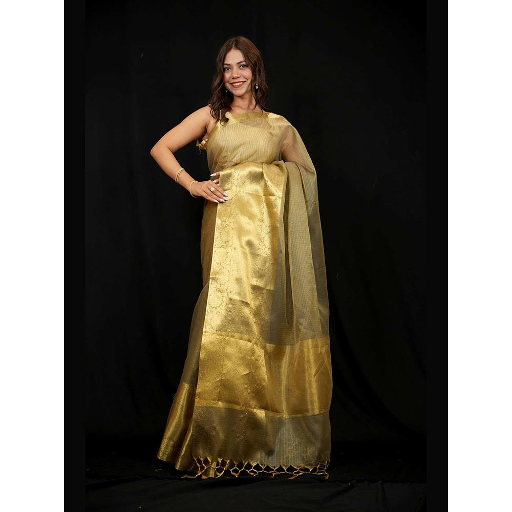 Isadora Life Gold Woven Pre-Draped Saree with Unstitched Blouse