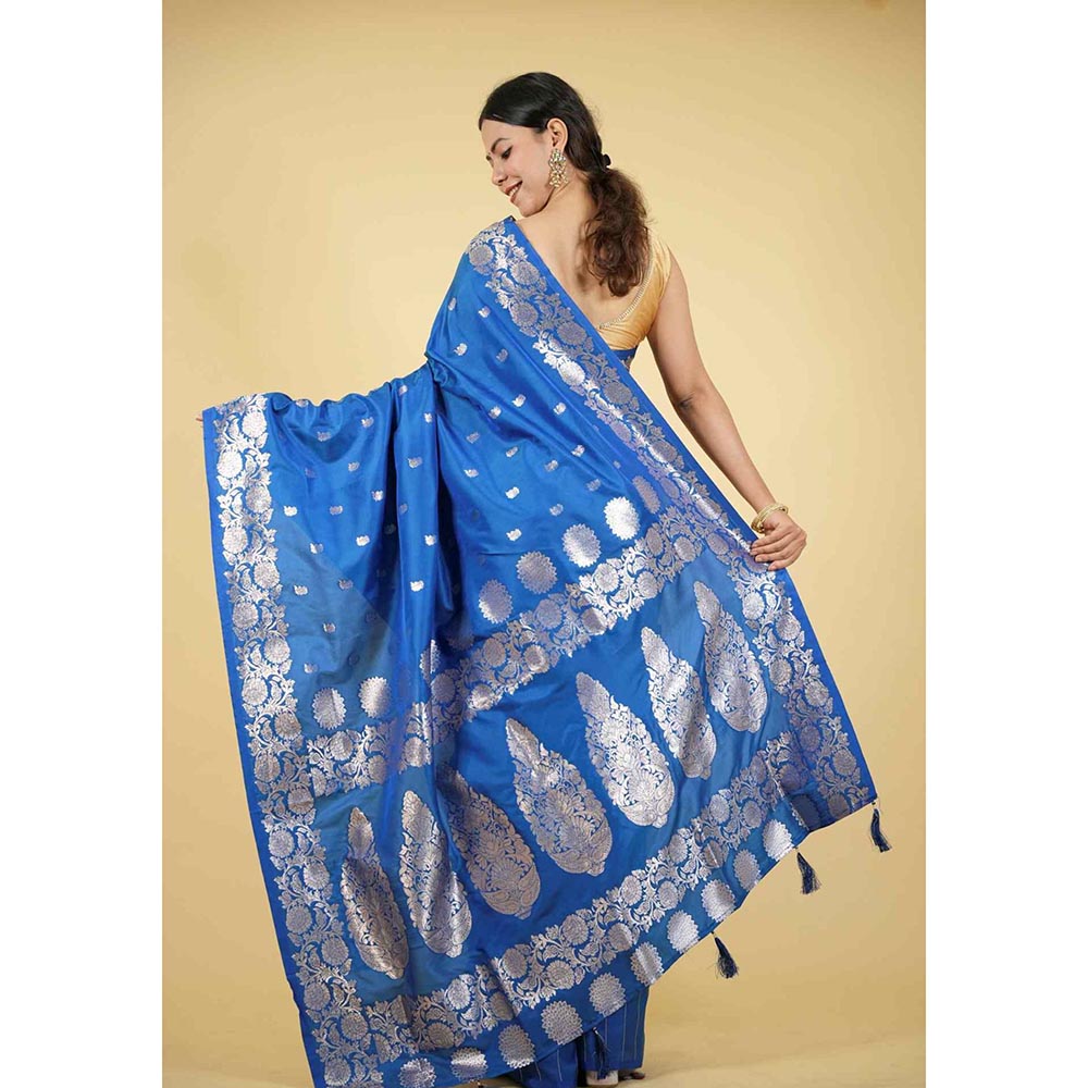Isadora Life Blue Woven Pre-Draped Saree with Unstitched Blouse