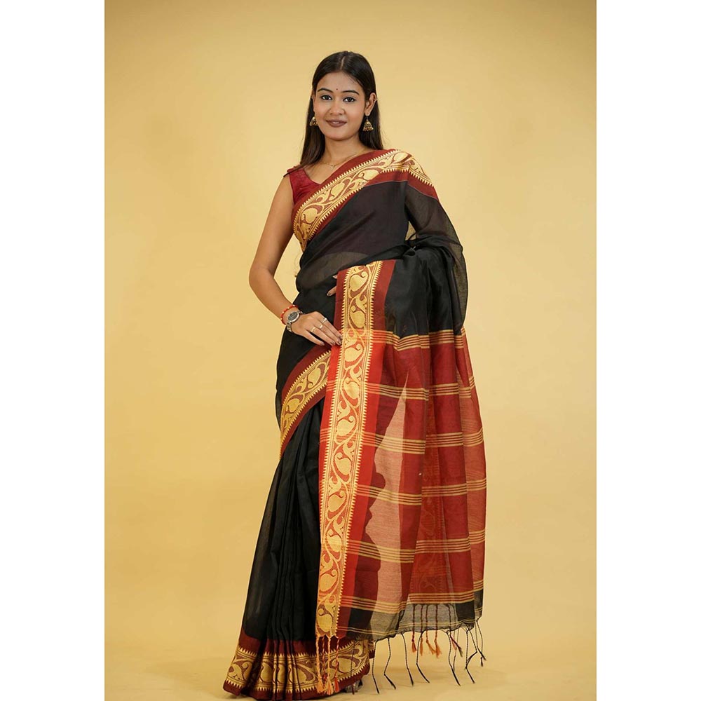 Isadora Life Black Woven Pre-Draped Saree with Unstitched Blouse