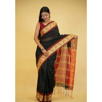 Isadora Life Black Woven Pre-Draped Saree with Unstitched Blouse