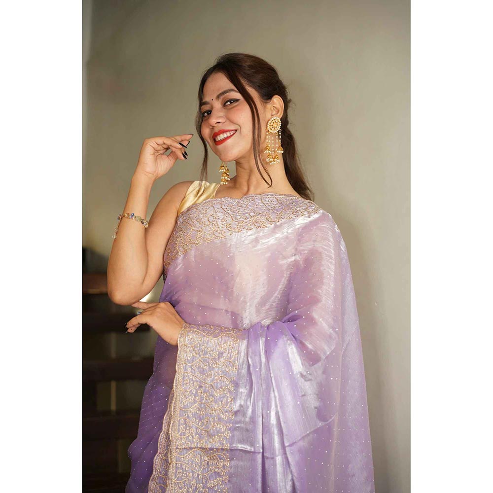 Isadora Life Purple Embroidered Pre-Draped Saree with Unstitched Blouse