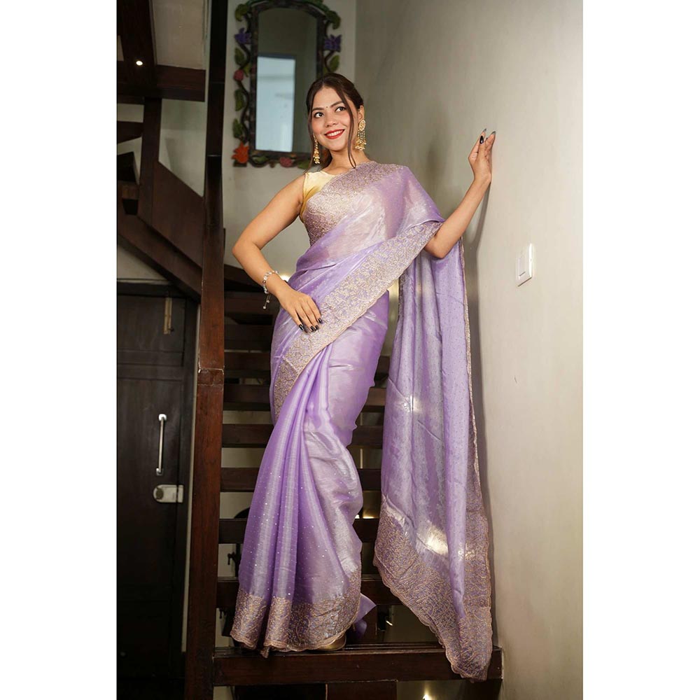 Isadora Life Purple Embroidered Pre-Draped Saree with Unstitched Blouse
