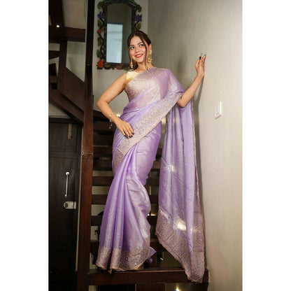 Isadora Life Purple Embroidered Pre-Draped Saree with Unstitched Blouse
