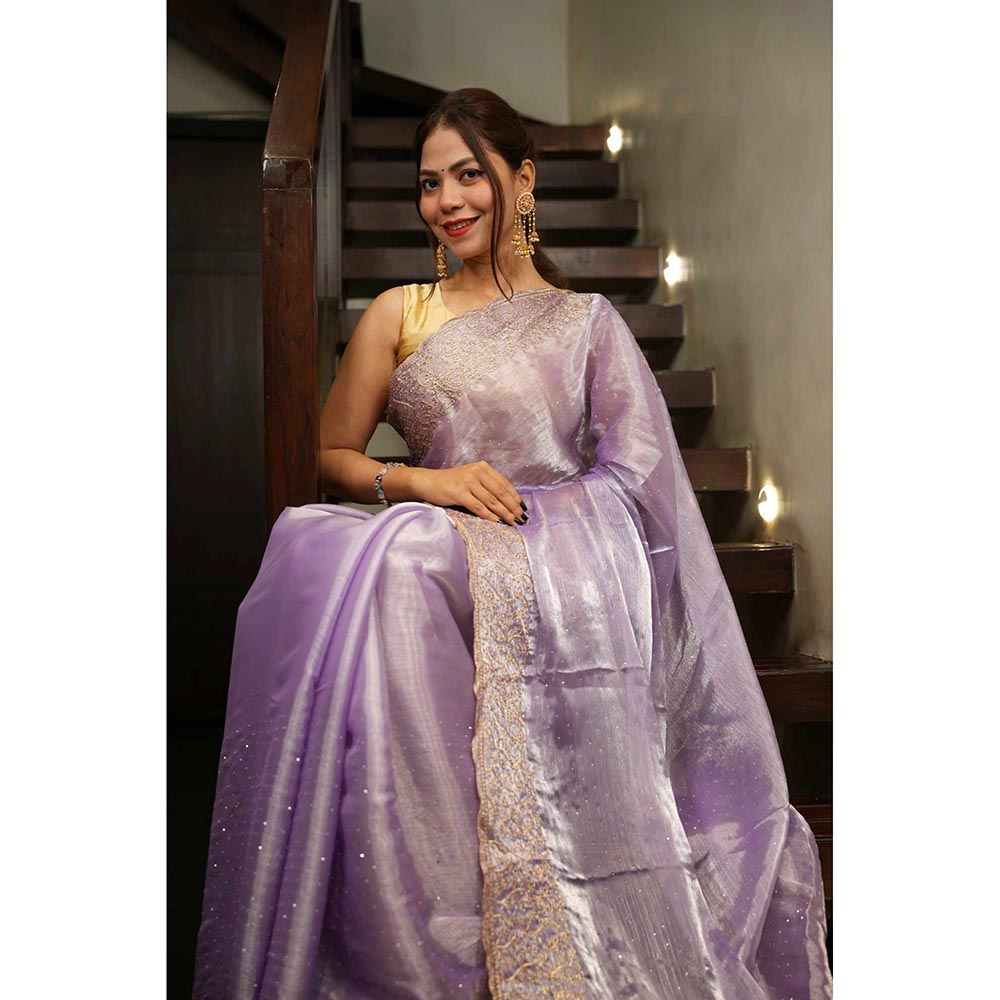 Isadora Life Purple Embroidered Pre-Draped Saree with Unstitched Blouse