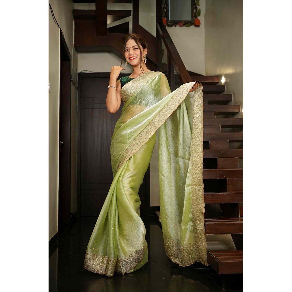 Isadora Life Green Embroidered Pre-Draped Saree with Unstitched Blouse