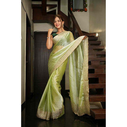 Isadora Life Green Embroidered Pre-Draped Saree with Unstitched Blouse