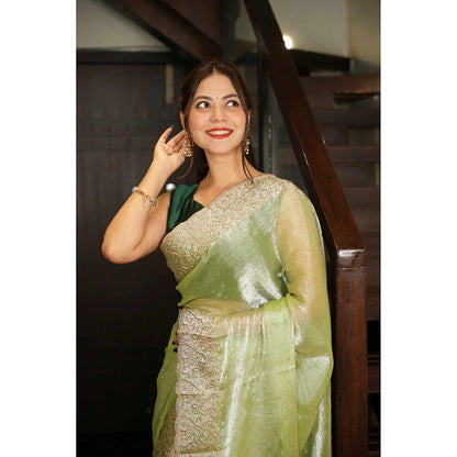 Isadora Life Green Embroidered Pre-Draped Saree with Unstitched Blouse