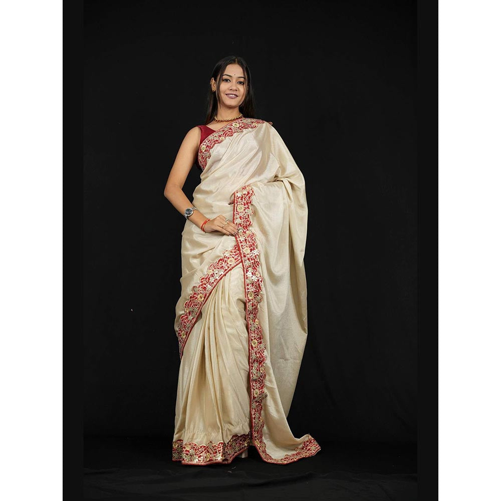 Isadora Life Beige Embroidered Pre-Draped Saree with Unstitched Blouse