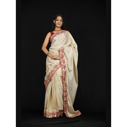 Isadora Life Beige Embroidered Pre-Draped Saree with Unstitched Blouse
