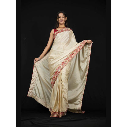 Isadora Life Beige Embroidered Pre-Draped Saree with Unstitched Blouse