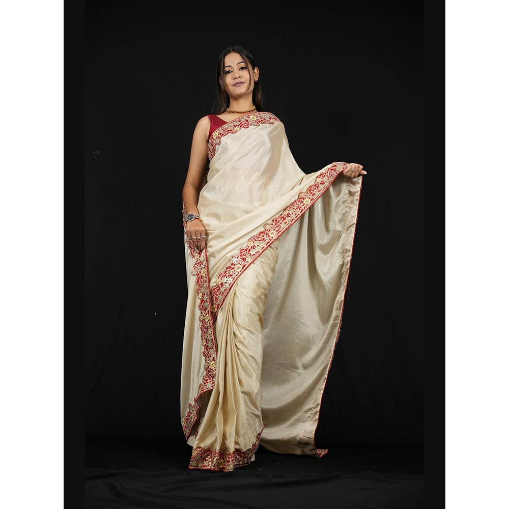 Isadora Life Beige Embroidered Pre-Draped Saree with Unstitched Blouse