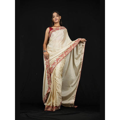 Isadora Life Beige Embroidered Pre-Draped Saree with Unstitched Blouse