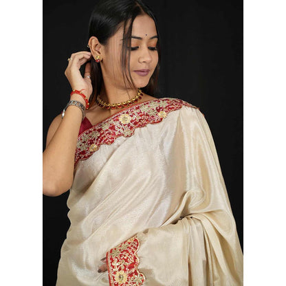 Isadora Life Beige Embroidered Pre-Draped Saree with Unstitched Blouse