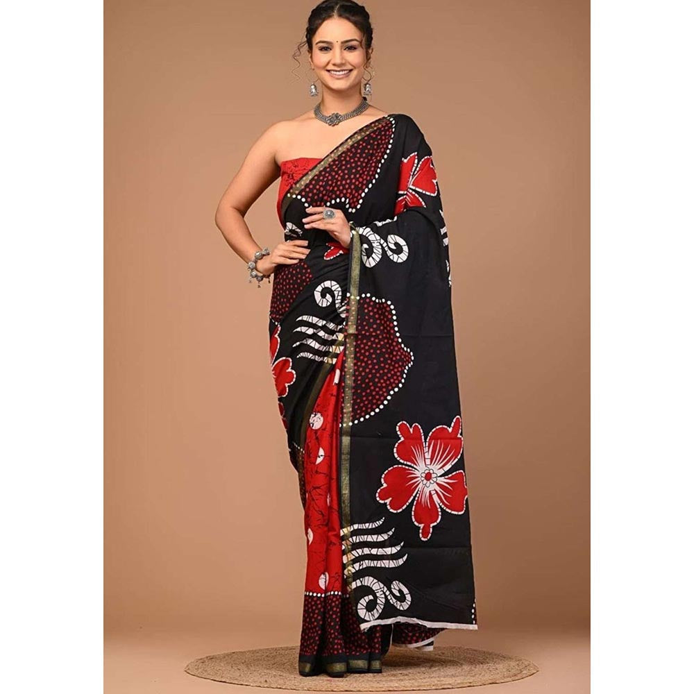 Isadora Life Black Floral Pre-Draped Saree with Unstitched Blouse
