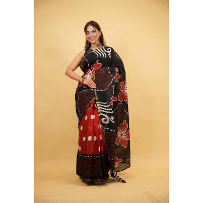 Isadora Life Black Floral Pre-Draped Saree with Unstitched Blouse
