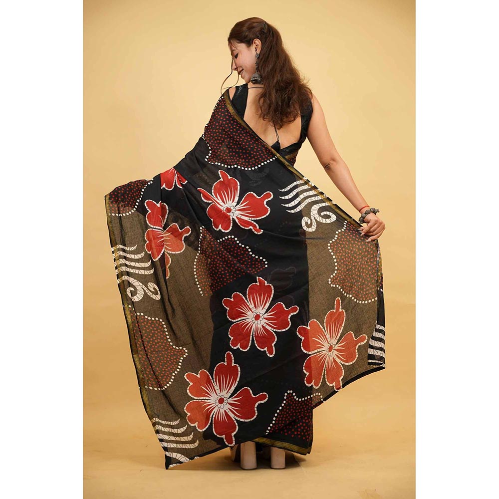 Isadora Life Black Floral Pre-Draped Saree with Unstitched Blouse