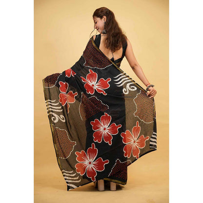 Isadora Life Black Floral Pre-Draped Saree with Unstitched Blouse