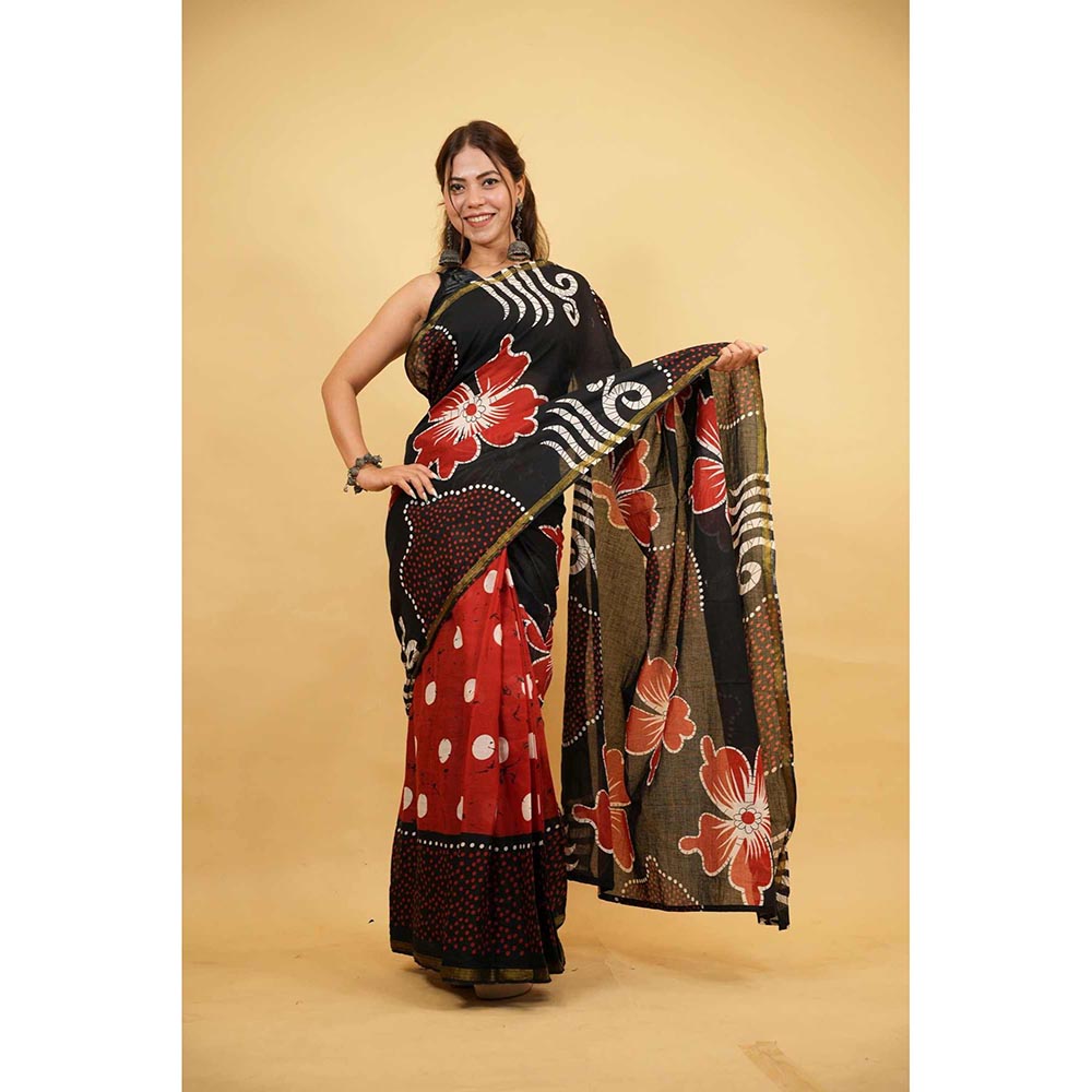 Isadora Life Black Floral Pre-Draped Saree with Unstitched Blouse