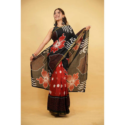Isadora Life Black Floral Pre-Draped Saree with Unstitched Blouse