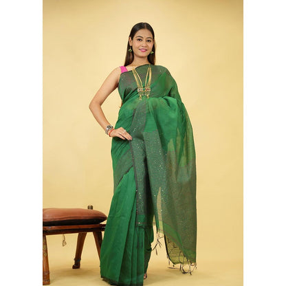 Isadora Life Green Floral Pre-Draped Saree with Unstitched Blouse