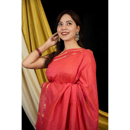 Isadora Life Red Checks Pre-Draped Saree with Unstitched Blouse