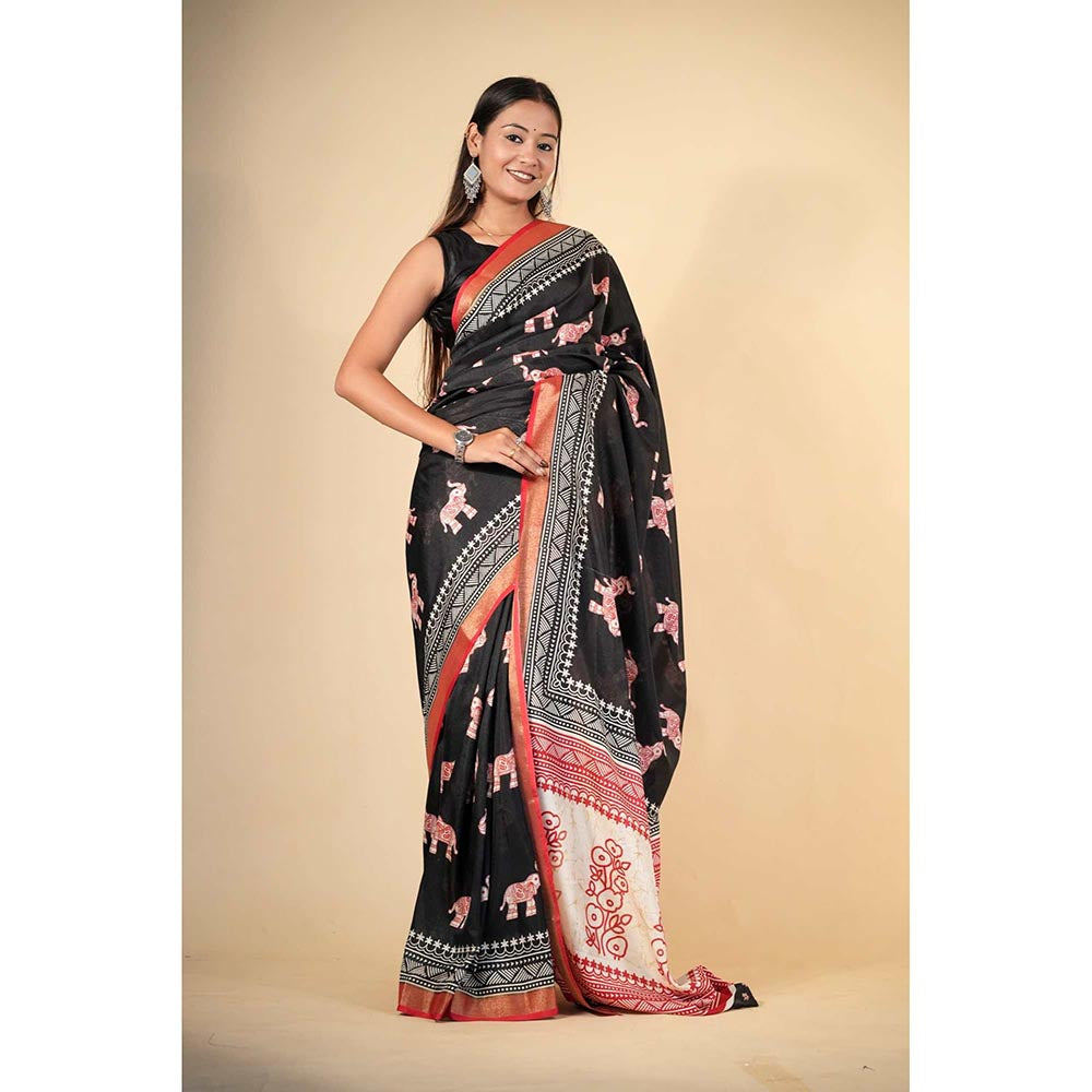 Isadora Life Black Printed Pre-Draped Saree with Unstitched Blouse
