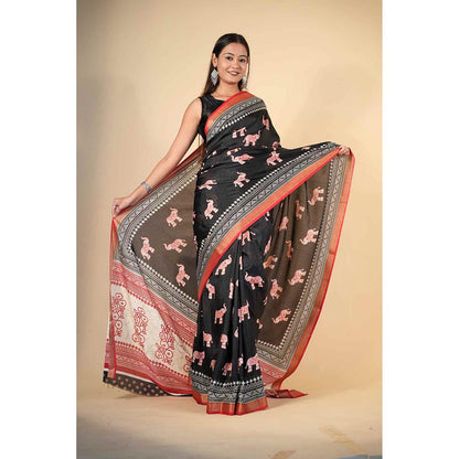 Isadora Life Black Printed Pre-Draped Saree with Unstitched Blouse