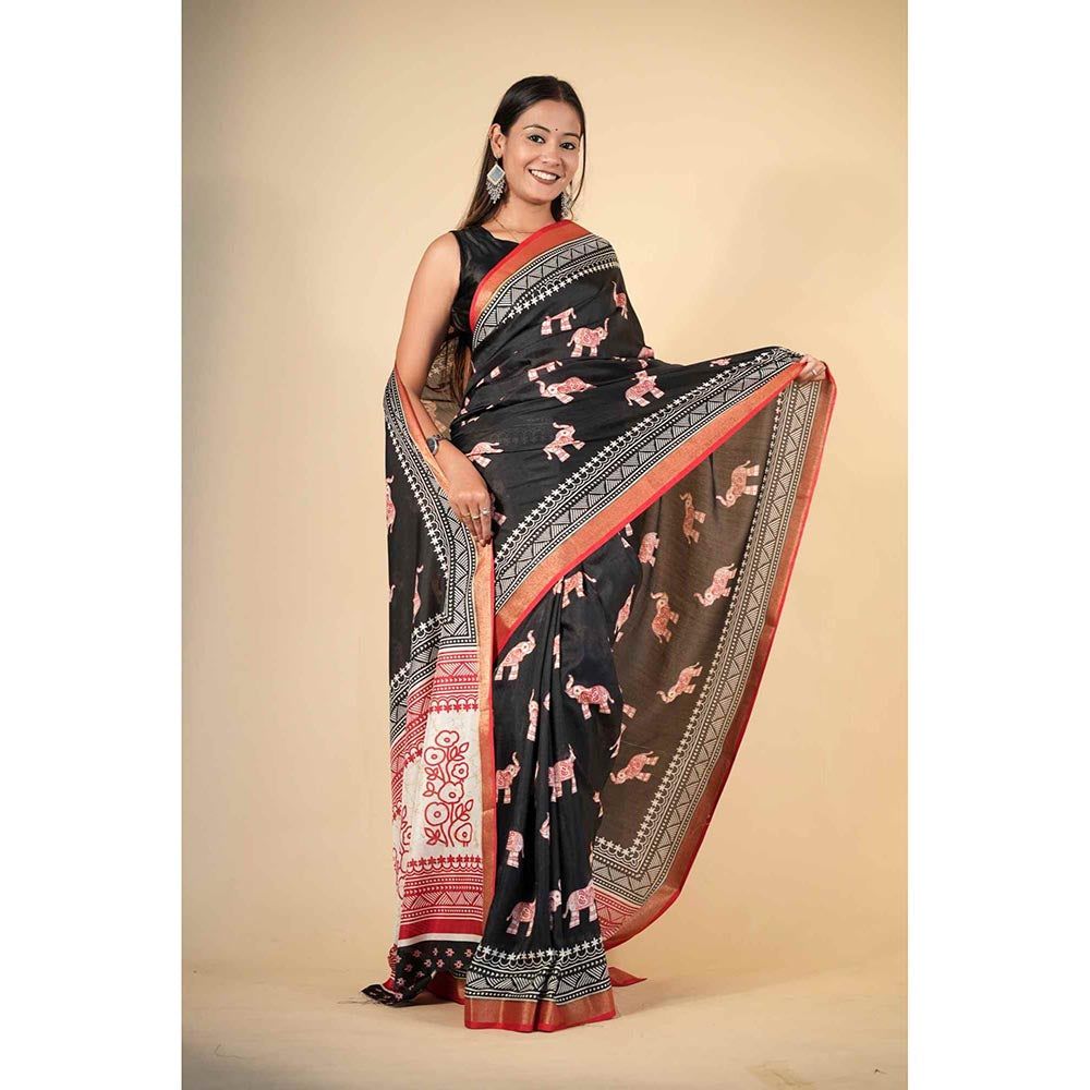 Isadora Life Black Printed Pre-Draped Saree with Unstitched Blouse