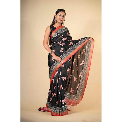 Isadora Life Black Printed Pre-Draped Saree with Unstitched Blouse