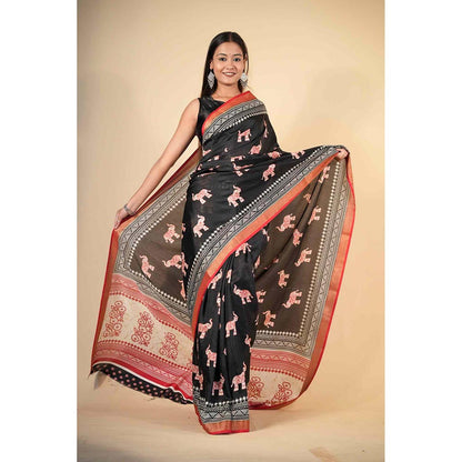 Isadora Life Black Printed Pre-Draped Saree with Unstitched Blouse