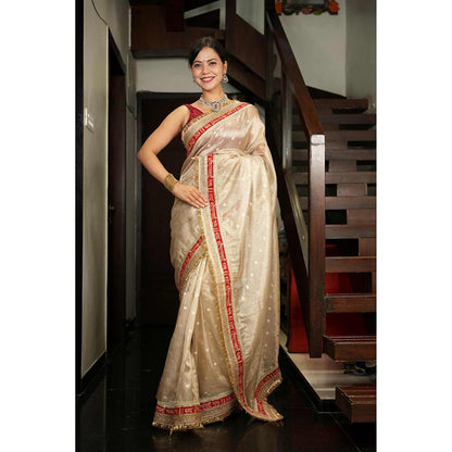 Isadora Life Beige Woven Pre-Draped Saree with Unstitched Blouse