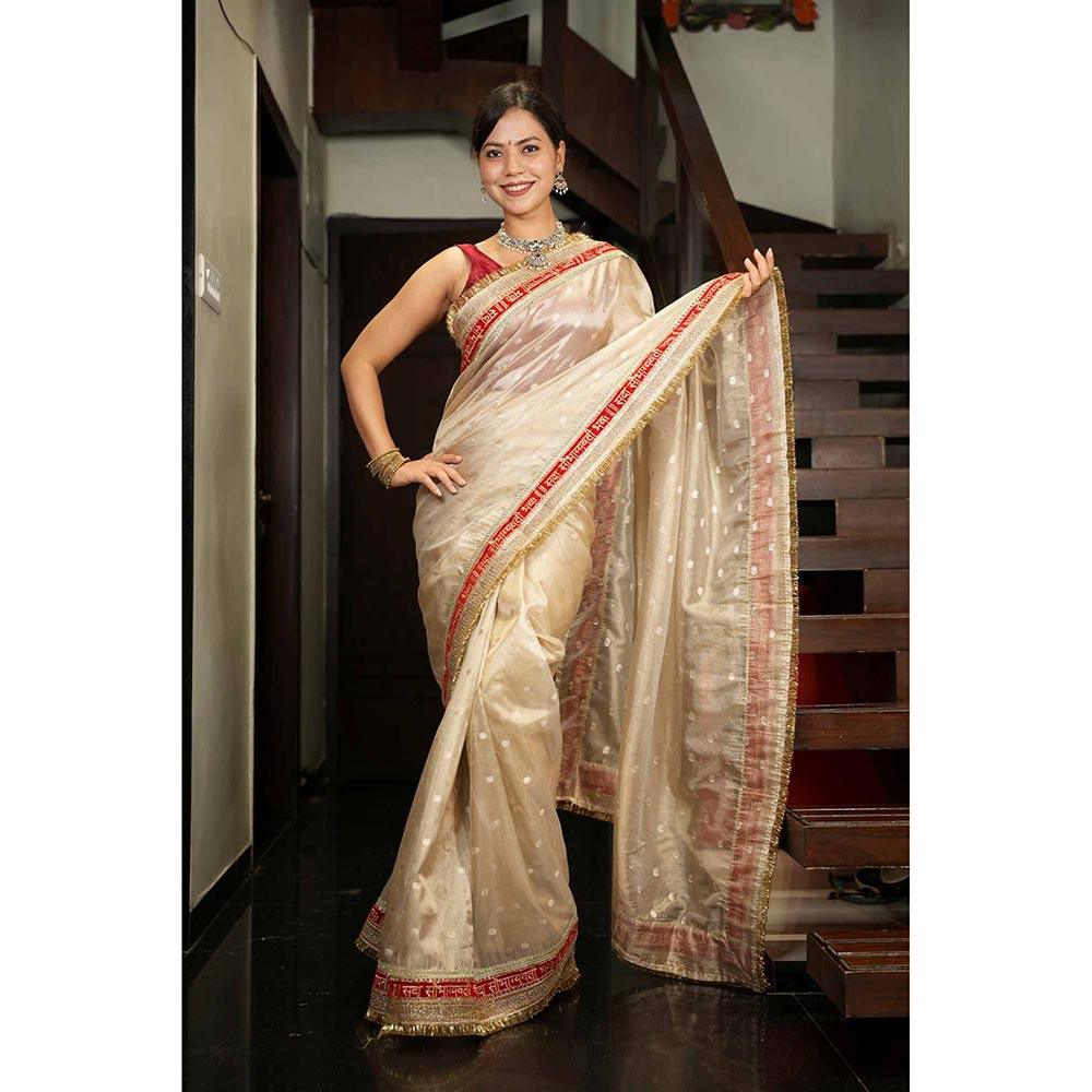 Isadora Life Beige Woven Pre-Draped Saree with Unstitched Blouse