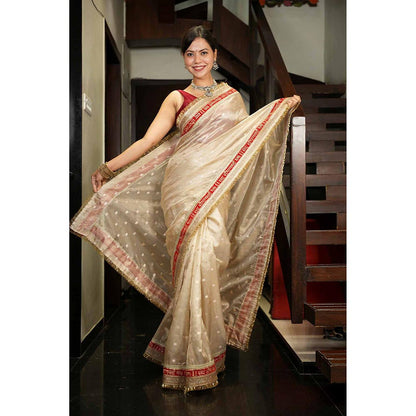 Isadora Life Beige Woven Pre-Draped Saree with Unstitched Blouse