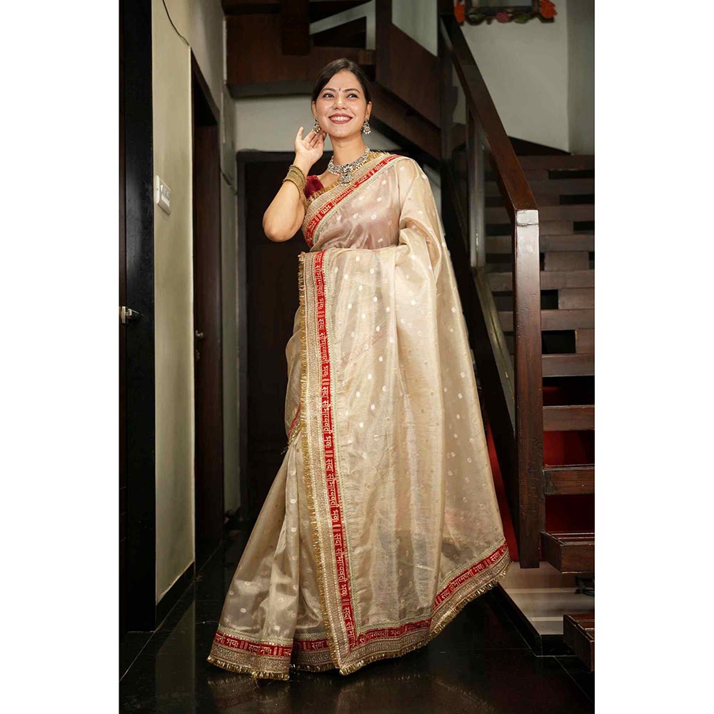 Isadora Life Beige Woven Pre-Draped Saree with Unstitched Blouse
