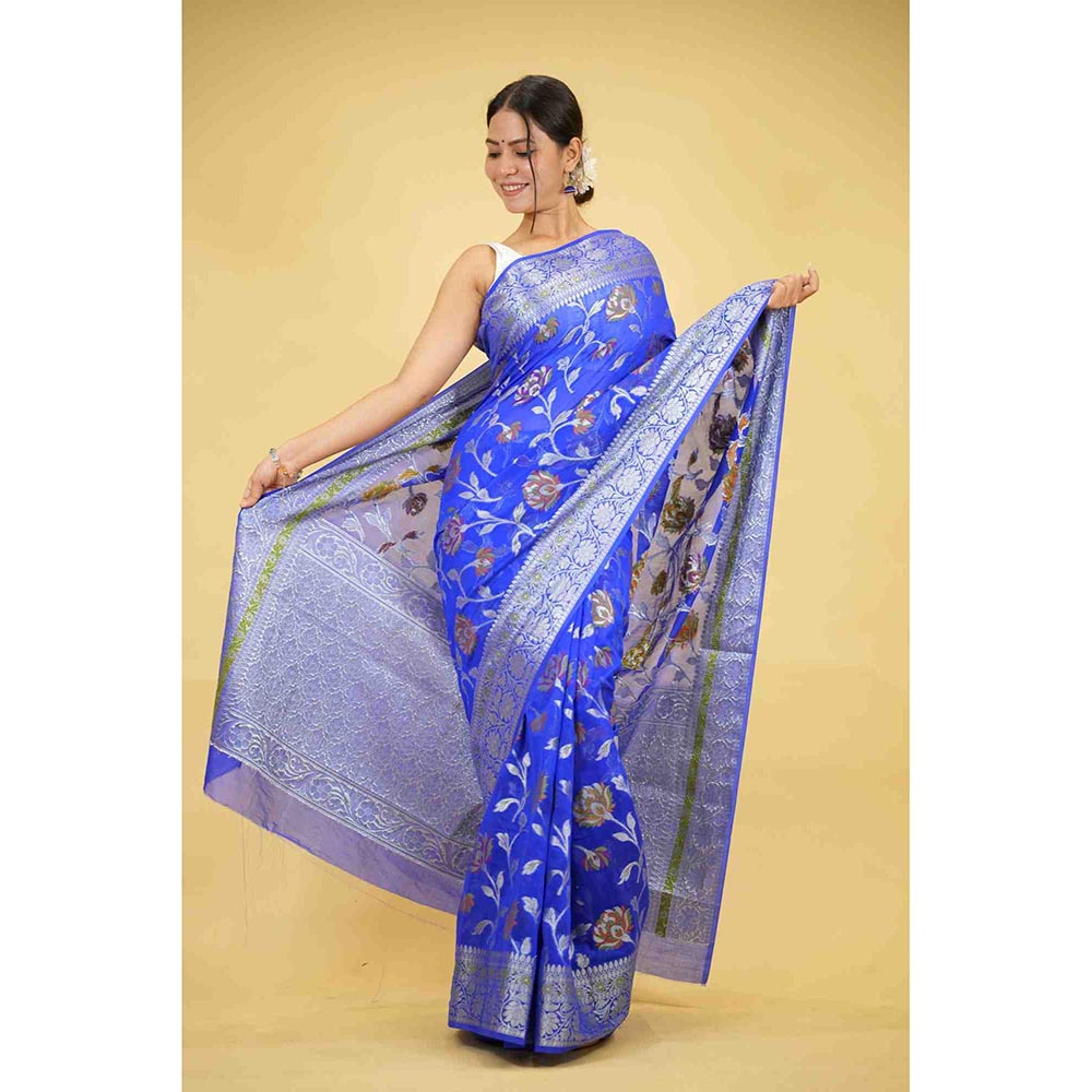 Isadora Life Blue Floral Pre-Draped Saree with Unstitched Blouse