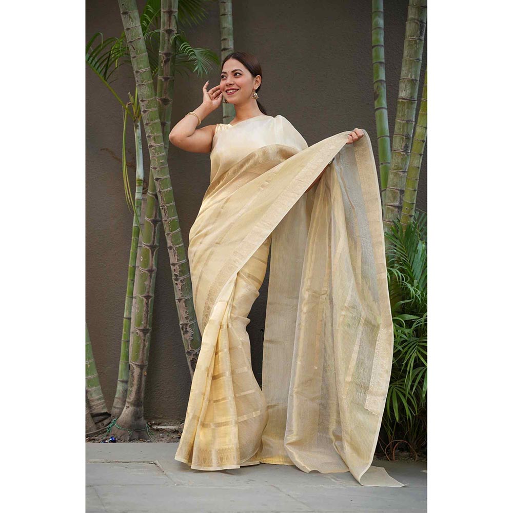 Isadora Life Gold Woven Pre-Draped Saree with Unstitched Blouse