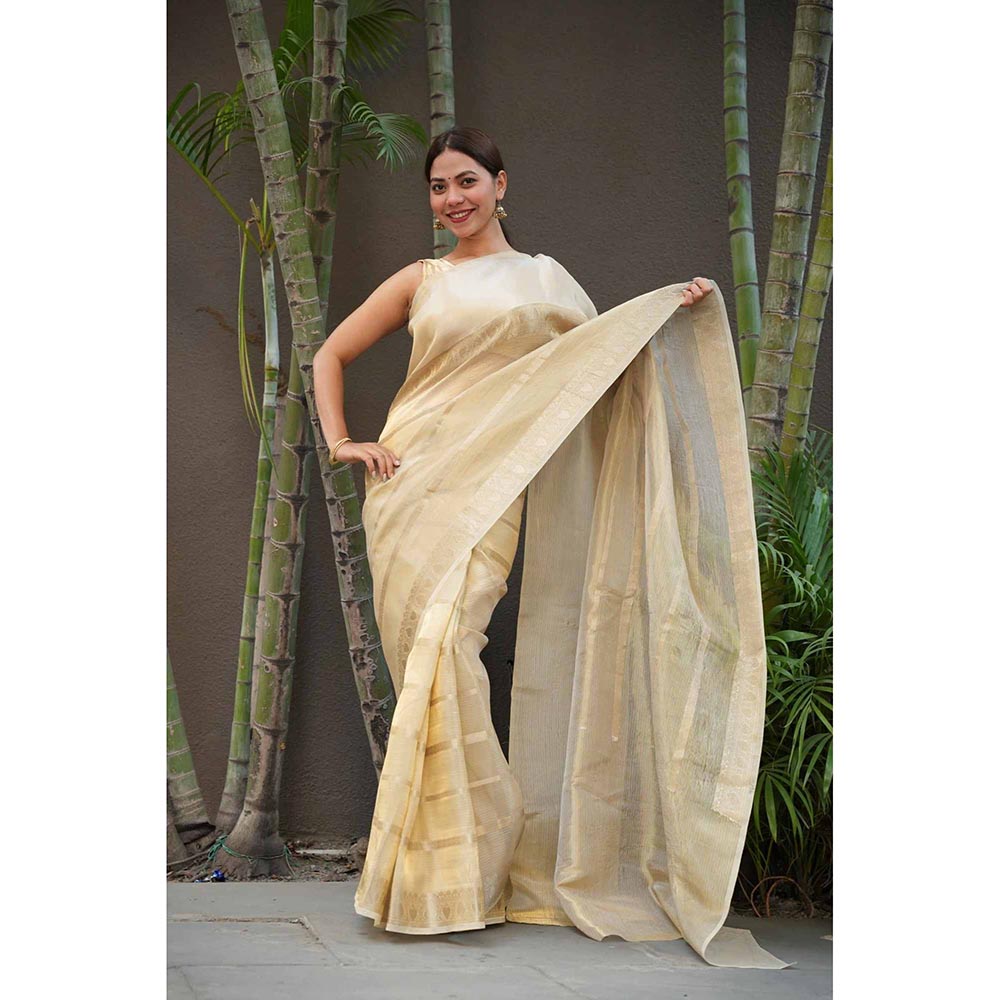 Isadora Life Gold Woven Pre-Draped Saree with Unstitched Blouse