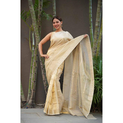 Isadora Life Gold Woven Pre-Draped Saree with Unstitched Blouse