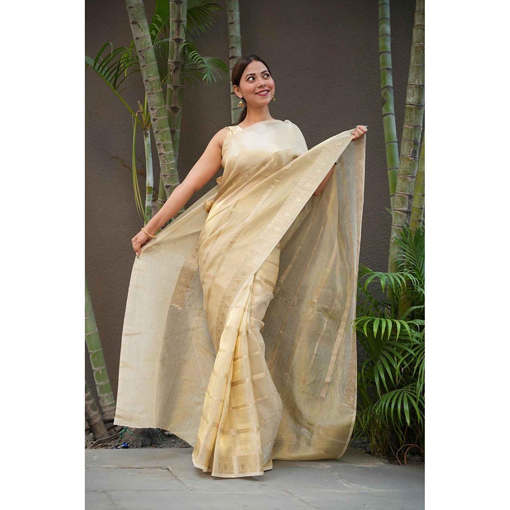 Isadora Life Gold Woven Pre-Draped Saree with Unstitched Blouse